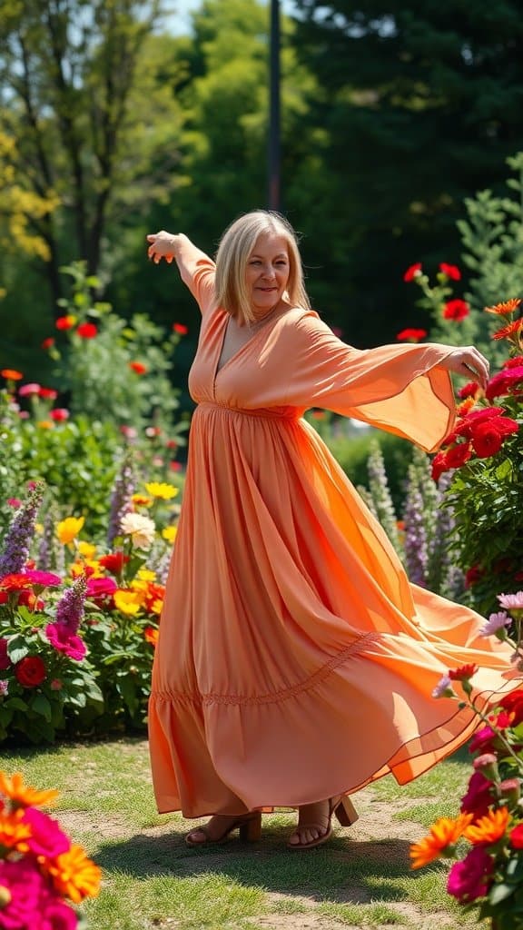 A woman in a flowy orange maxi dress dancing in a flower garden.