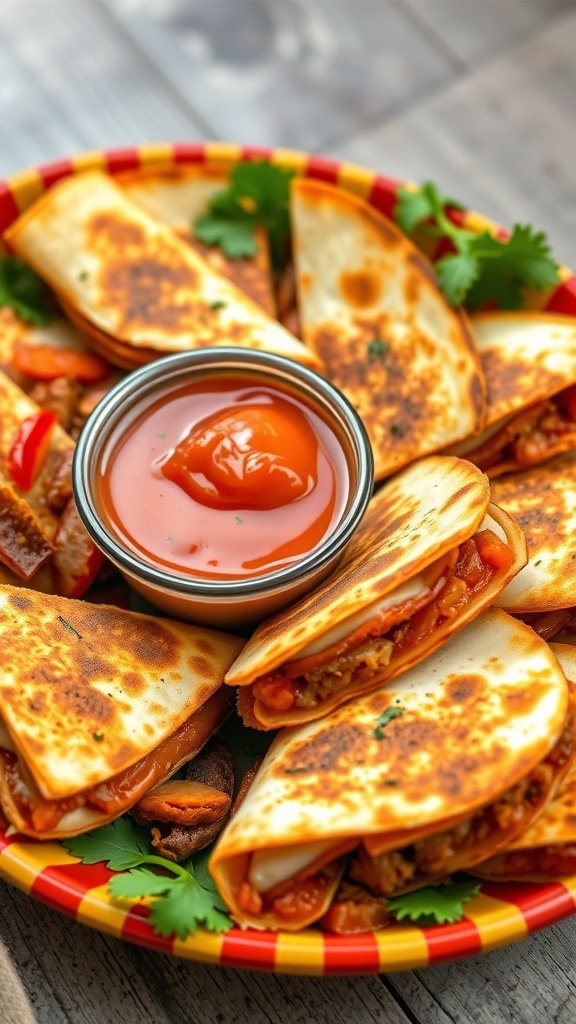 A plate of BBQ chicken quesadillas with a bowl of dipping sauce
