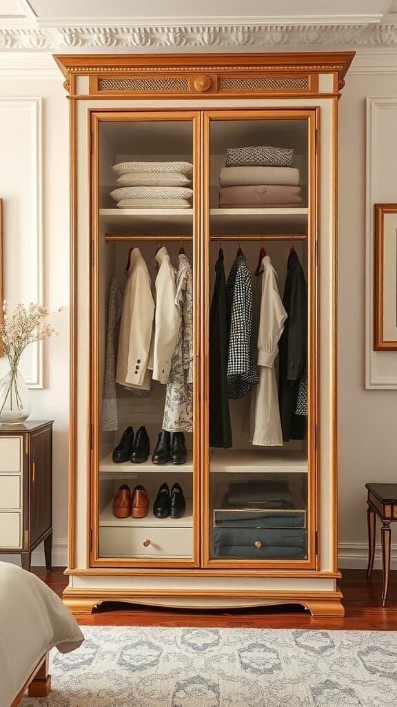A stylish wardrobe with glass panels displaying neatly arranged clothes and shoes.