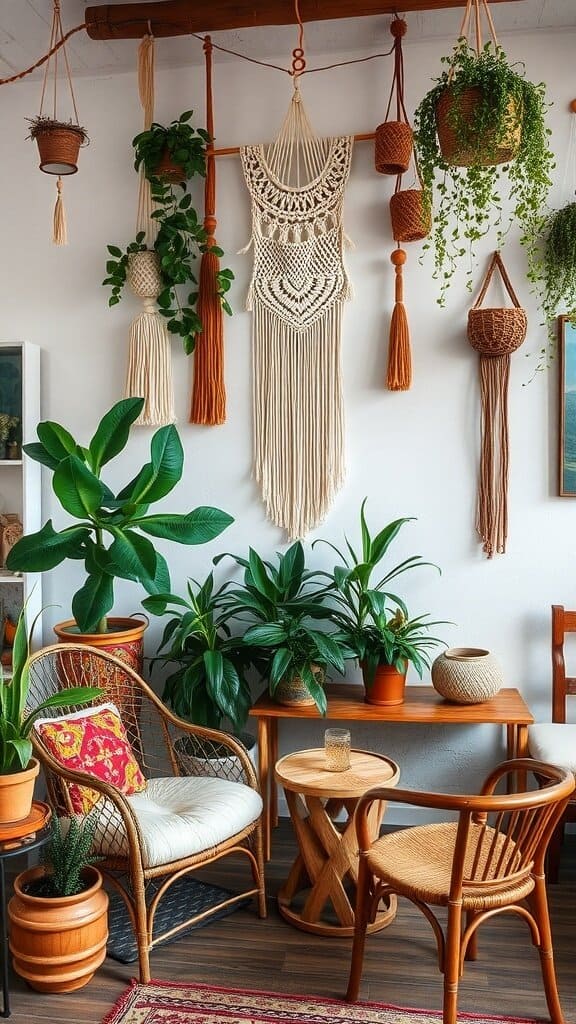 A cozy living space featuring macrame wall hangings and hanging plants.
