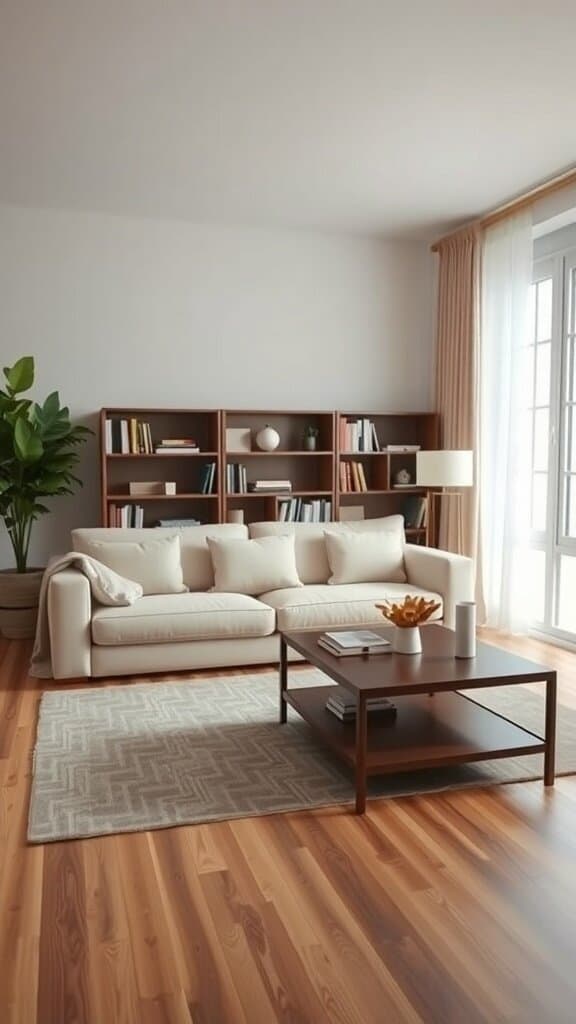 Cozy living room with a light-colored sofa, coffee table, and bookshelf.