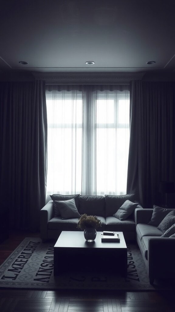 Living room with heavy drapes and curtains, dark atmosphere