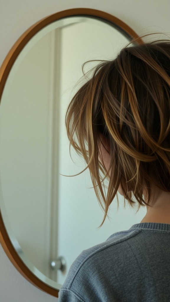 A person with tousled hair looking into a mirror