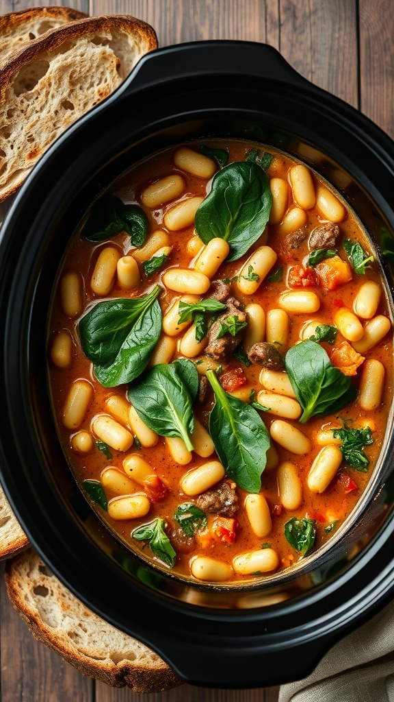 A bowl of Tuscan White Bean Stew with spinach and tomatoes, served with slices of crusty bread.