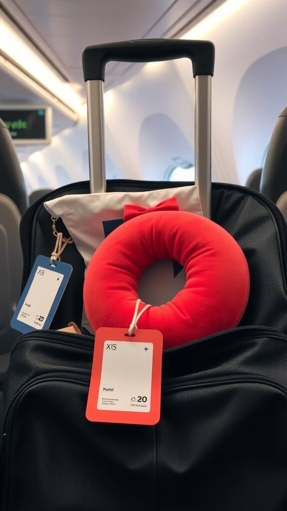 A black suitcase with a red neck pillow on top, showcasing travel tags in a train setting.
