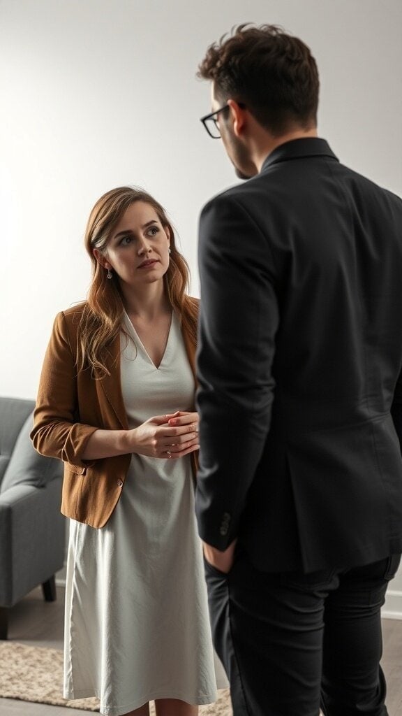 A serious conversation between a man and a woman, emphasizing the importance of respecting boundaries in a relationship.