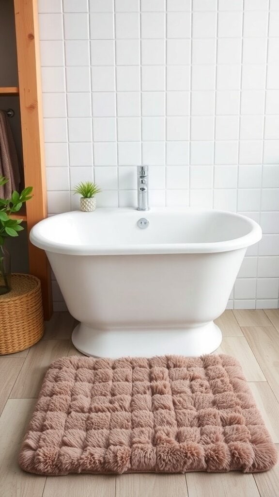Cozy plush bath mat in front of a sleek bathtub
