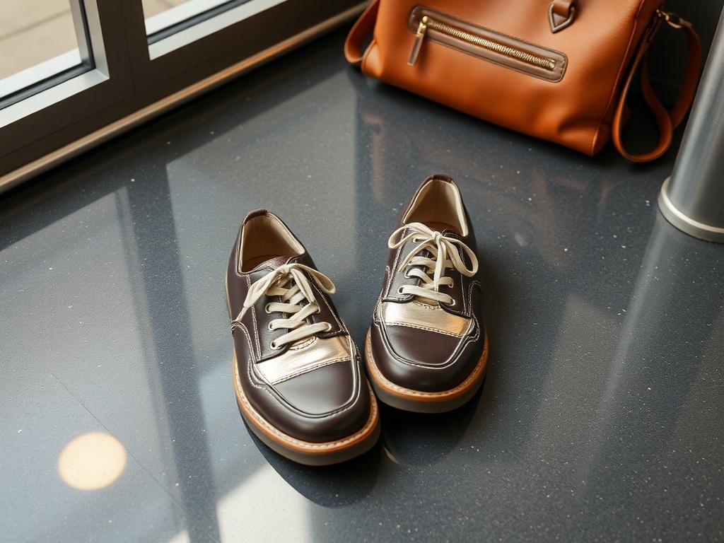 A pair of stylish smart casual shoes with dark leather and metallic accents, placed next to a brown handbag.