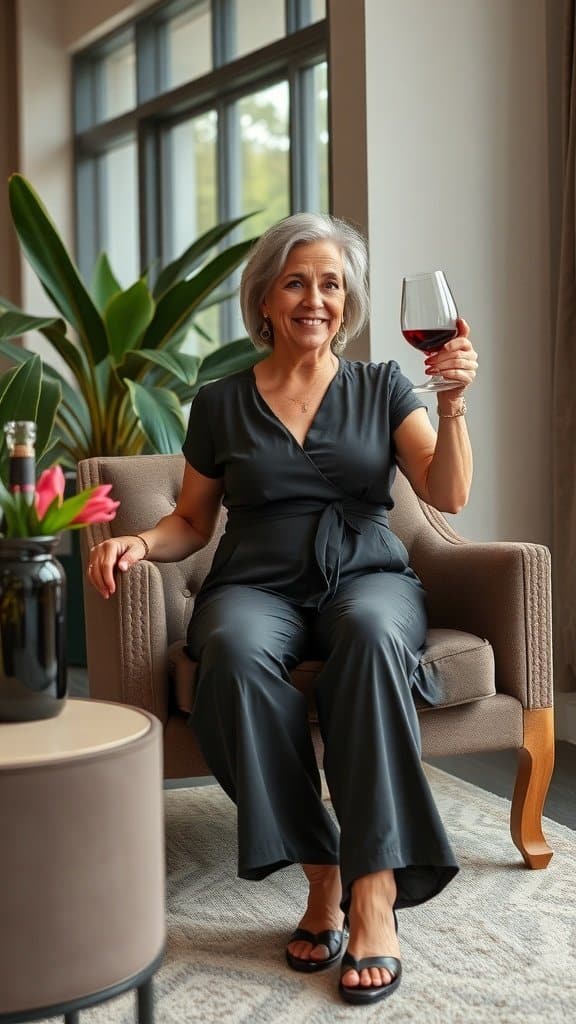 A woman in a mustard jumpsuit sitting on a chair, holding a glass of red wine, with a stylish interior background.