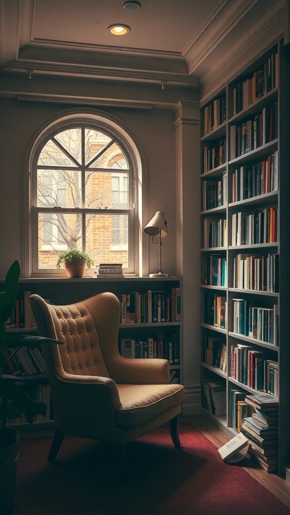 A cozy reading nook with a comfortable chair, bookshelves filled with books, and a window letting in natural light.