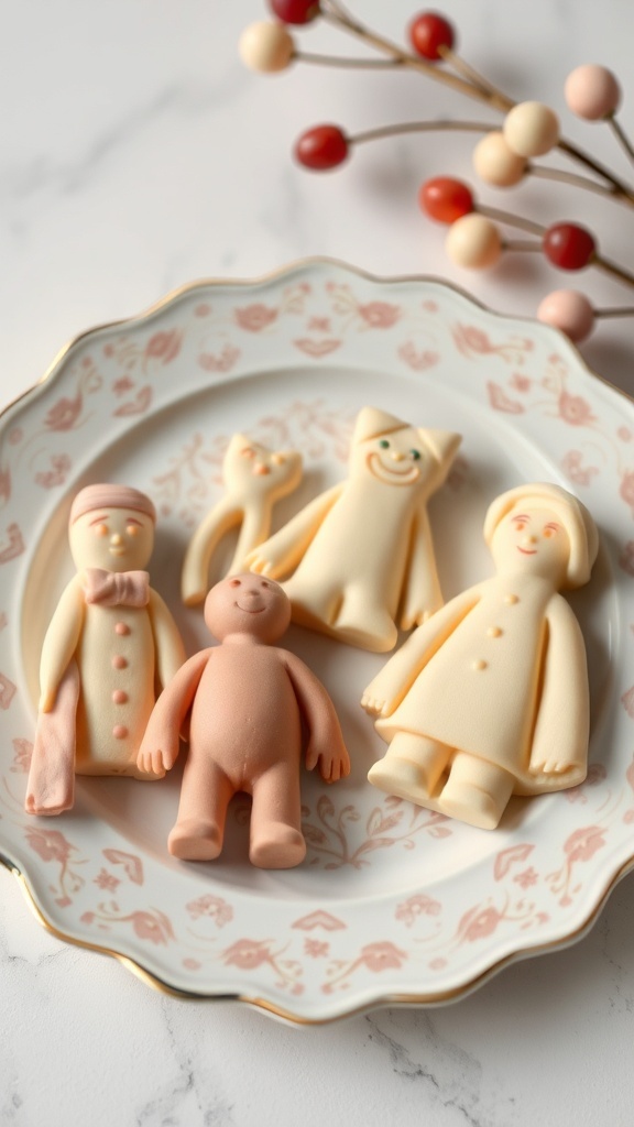 A plate of colorful marzipan figures shaped like people and animals.