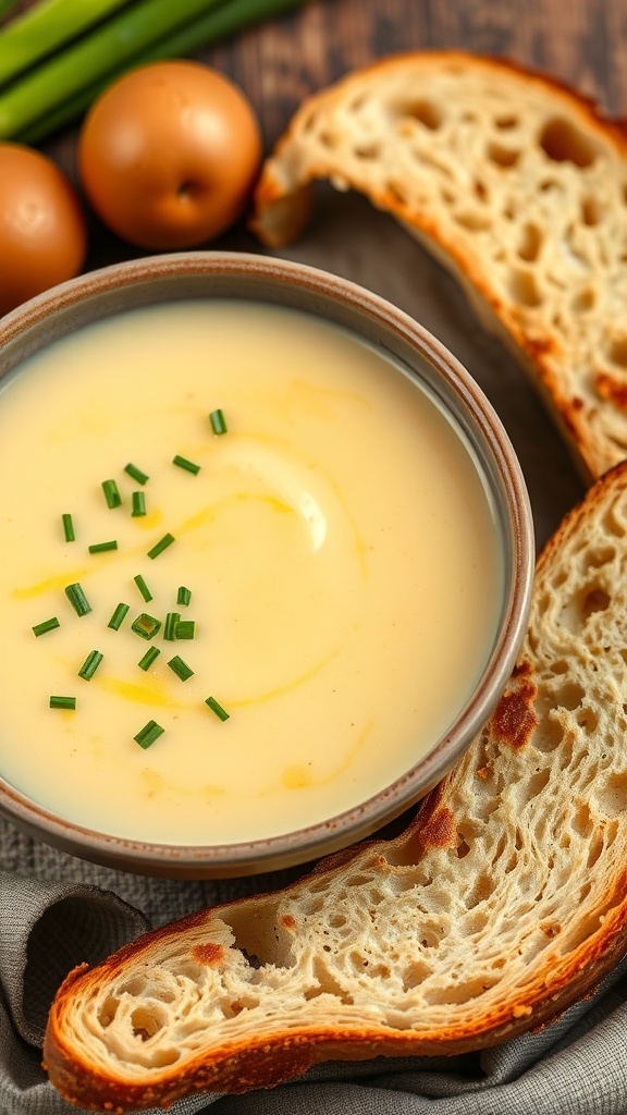 A bowl of potato and leek soup garnished with chives, served with slices of crusty bread.