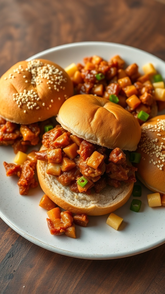 Three Sloppy Joe sandwiches on a plate with a dark background.