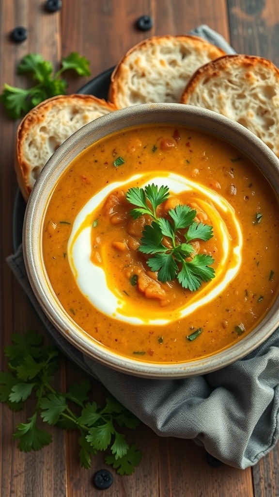 A bowl of coconut curry lentil soup topped with yogurt and cilantro, served with toasted bread.