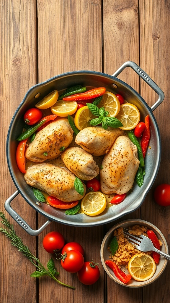 One-Pan Lemon Garlic Chicken with vegetables and lemon slices