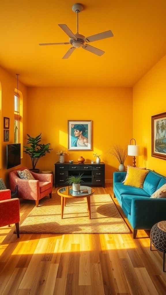 A living room with bright yellow walls, featuring colorful furniture and decor.