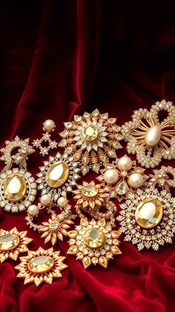 An assortment of flashy jewelry pieces including brooches and rings on a red velvet background.