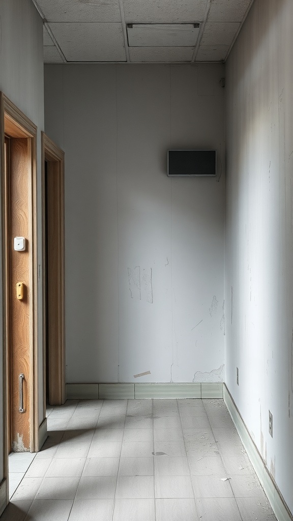 An unkempt hallway with peeling walls and a dull atmosphere.