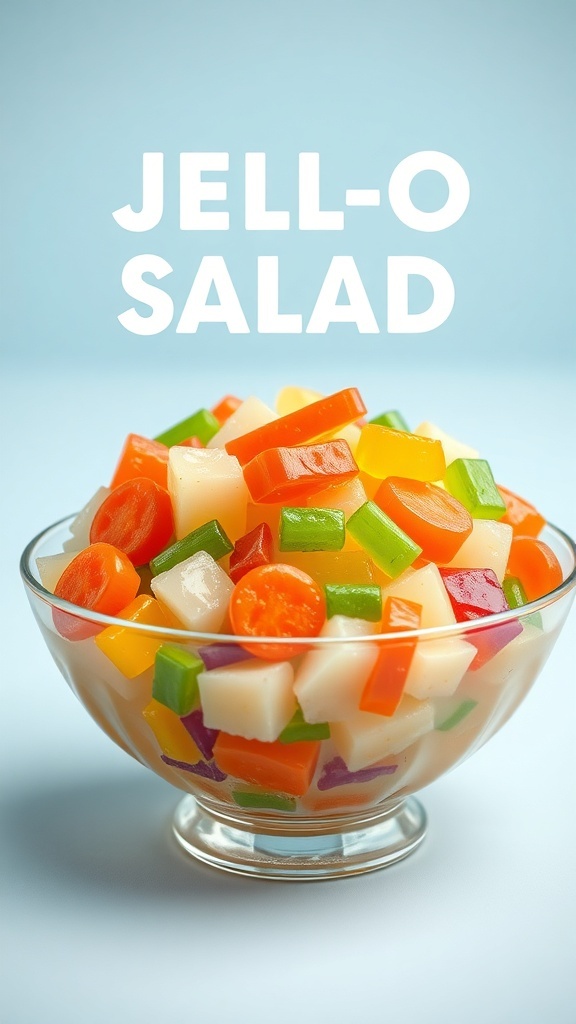 A colorful bowl of Jell-O salad with various fruit and gelatin cubes.