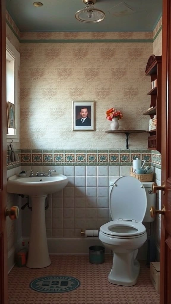 A small bathroom with outdated decor, featuring old wallpaper, a framed portrait, and mismatched fixtures.