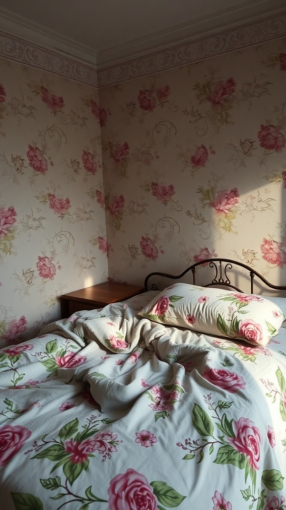 A bedroom with floral patterned bedding and wallpaper, showcasing an outdated style.