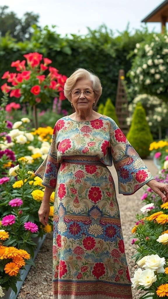 A woman in a colorful floral dress standing in a garden filled with flowers.