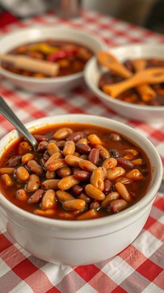 A bowl of chili with various beans on a red and white checkered tablecloth.