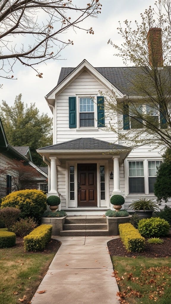 A well-maintained house with trimmed bushes and a clean walkway.