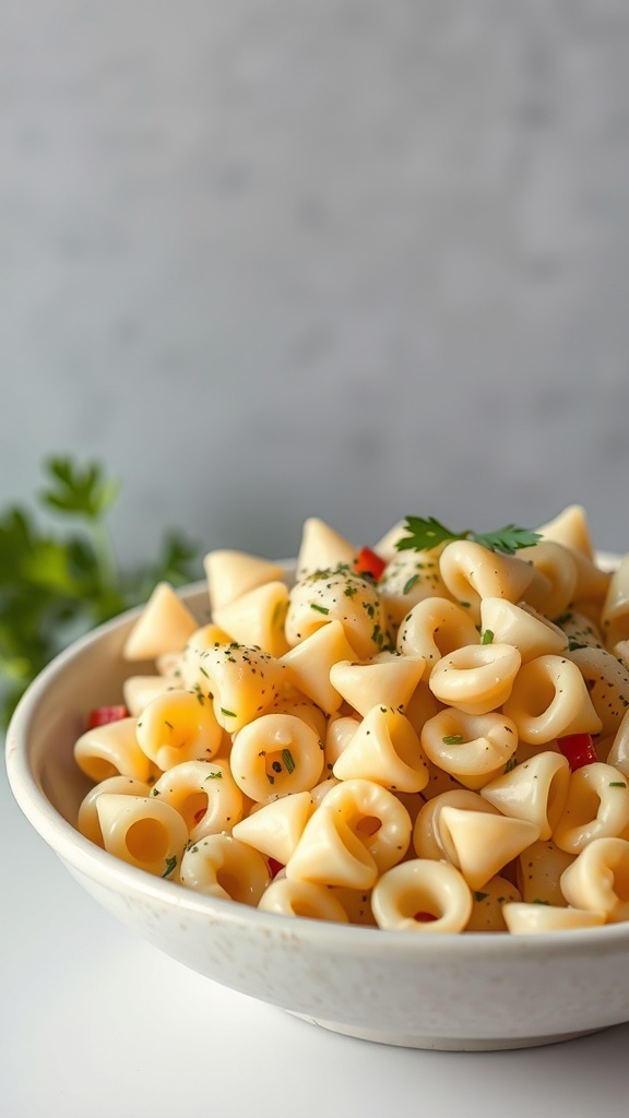 A bowl of soggy farfalle pasta salad with unseasoned dressing, garnished with parsley.