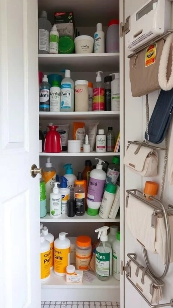 An overstuffed bathroom cabinet filled with various bottles and containers.