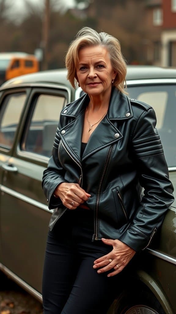 A confident woman over 50 wearing a black leather jacket, standing next to a vintage car.