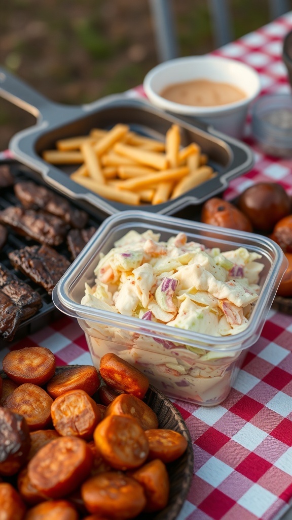 A container of coleslaw next to BBQ food on a picnic table.