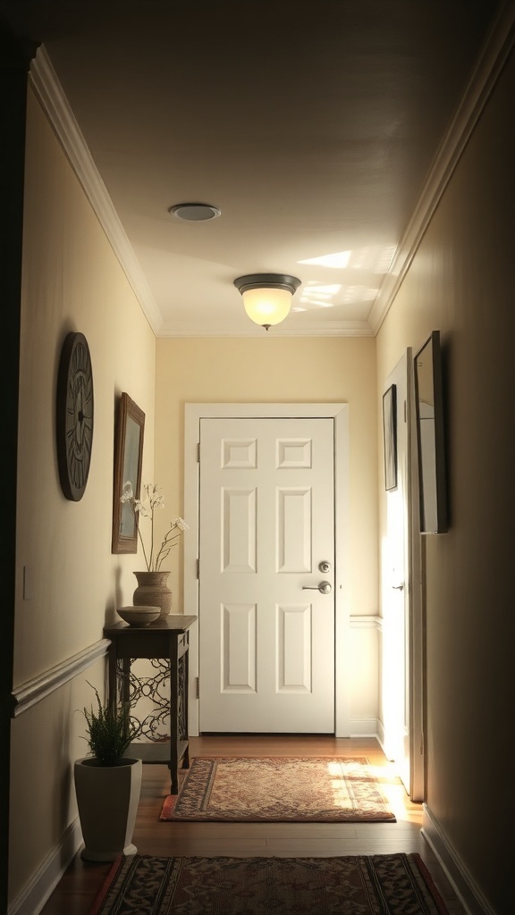 A dimly lit hallway with overhead lights and a closed door at the end