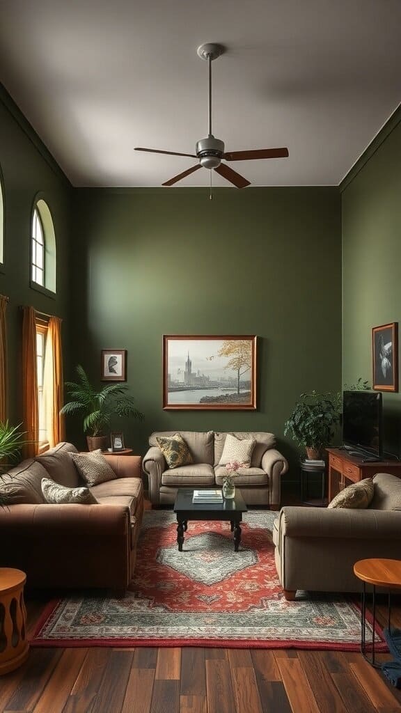 A living room with heavy olive green walls, brown sofas, and wooden flooring.