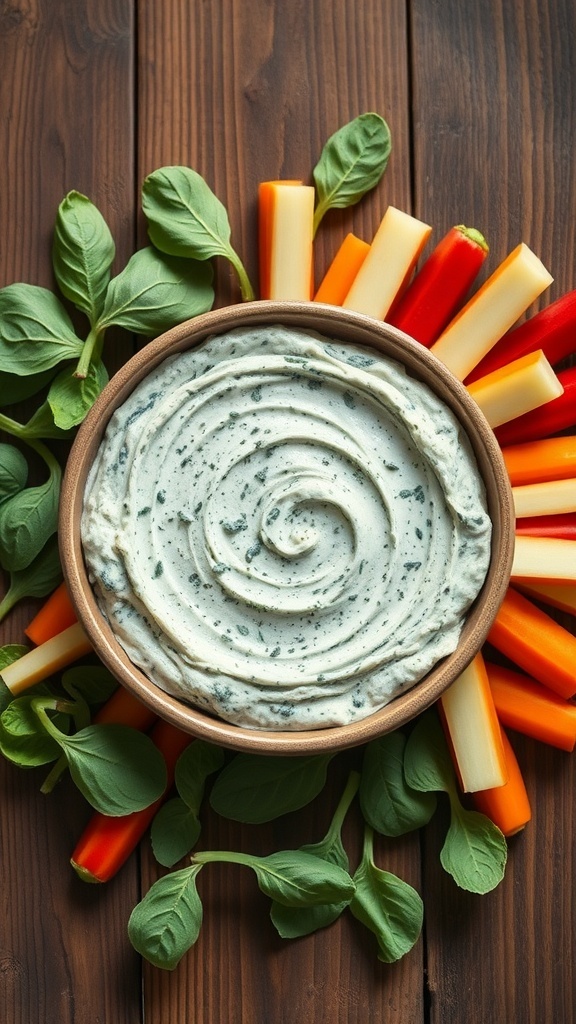 A bowl of creamy spinach dip surrounded by fresh vegetables.