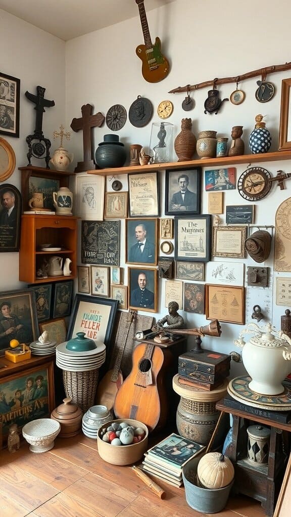 A cozy corner filled with various personal collections, including vintage photographs, pottery, and musical instruments.