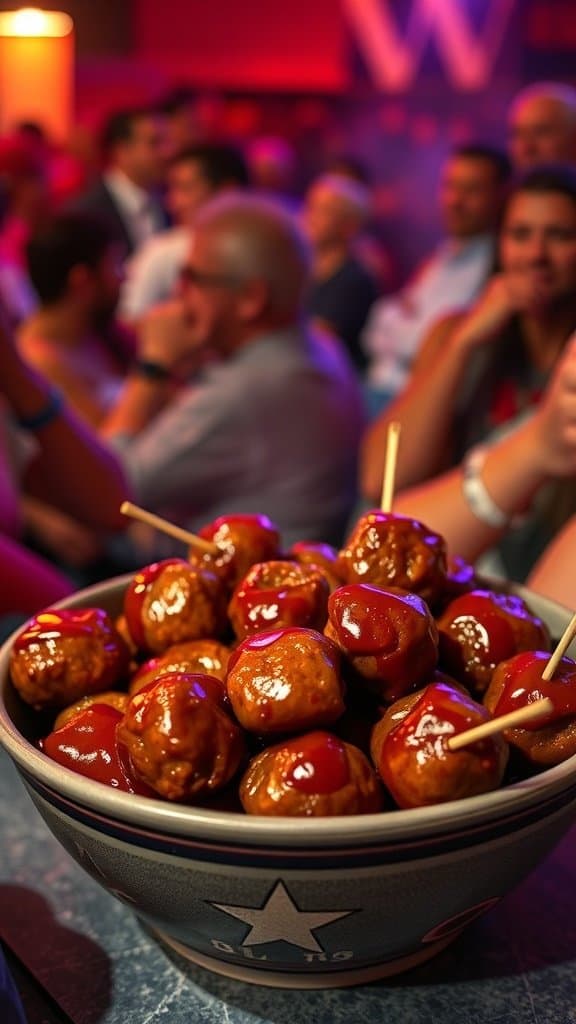 A bowl of soggy meatballs in BBQ sauce, surrounded by people enjoying a Super Bowl party.