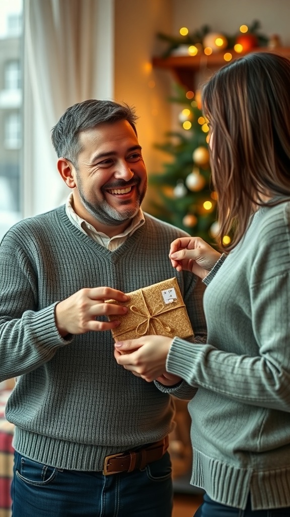 A man giving a gift to a woman, both smiling in a cozy setting.
