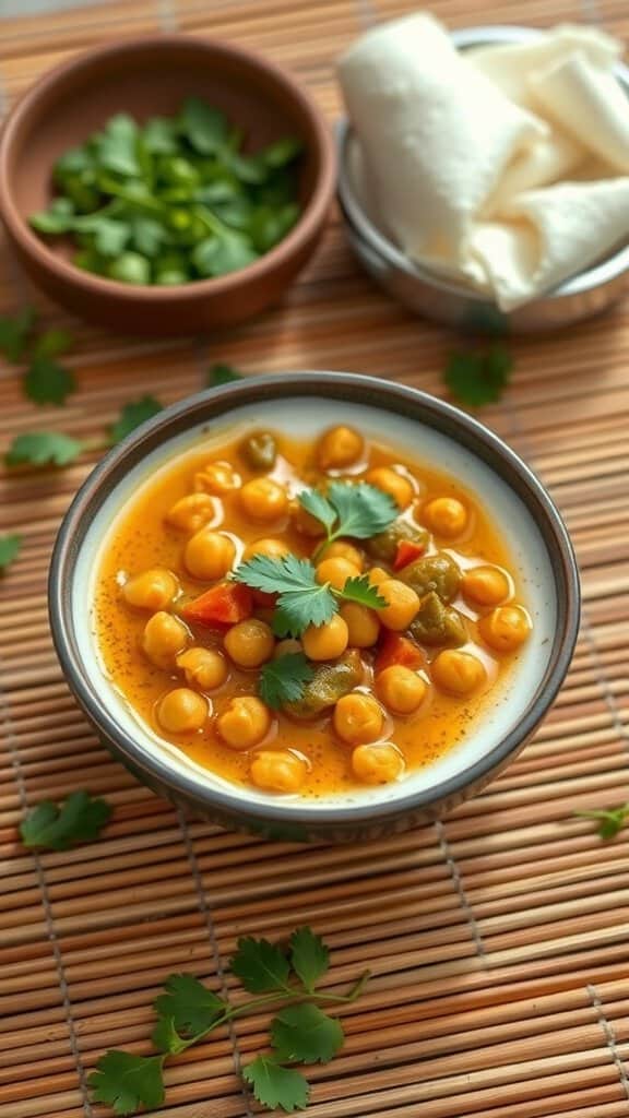 A bowl of coconut curry with chickpeas, garnished with cilantro, alongside fresh ingredients.