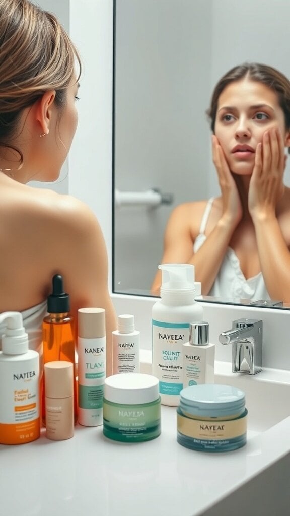 A woman examining her skin in front of a mirror with various skincare products on the counter.