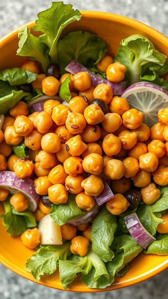 A vibrant bowl of crispy chickpea salad with greens, red onions, and lemon.