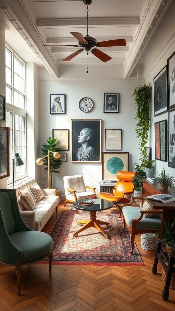 A stylish living room featuring a cozy sofa, colorful chairs, and various artworks on the walls.