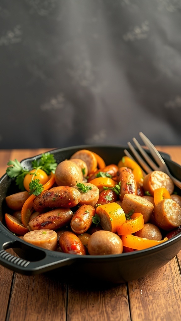 A skillet filled with sausages, bell peppers, and baby potatoes, garnished with parsley.