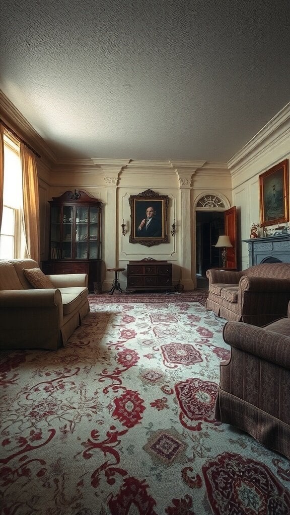 A cozy living room featuring an ornate carpet, showcasing a vintage aesthetic.