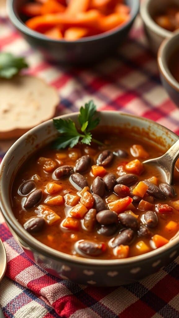 A bowl of chili with black beans, diced butternut squash, and colorful peppers, garnished with cilantro.