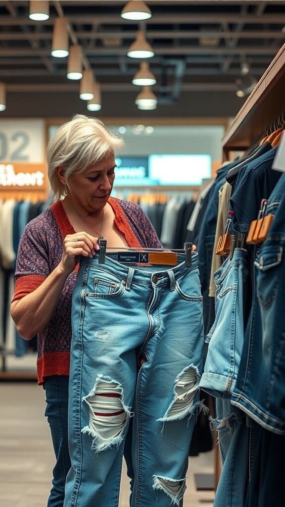 A woman examining a pair of distressed denim jeans in a clothing store.