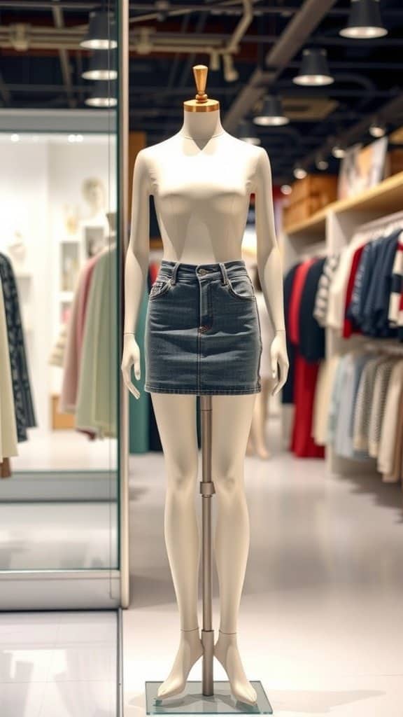 A mannequin displaying a denim mini skirt in a clothing store.
