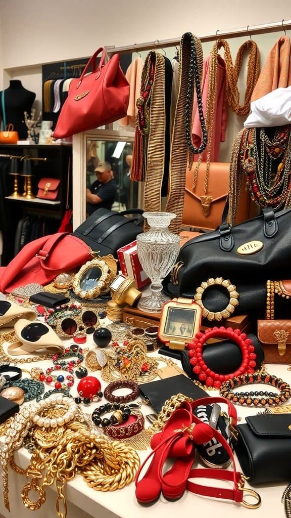 A colorful display of various fashion accessories including necklaces, handbags, and jewelry.