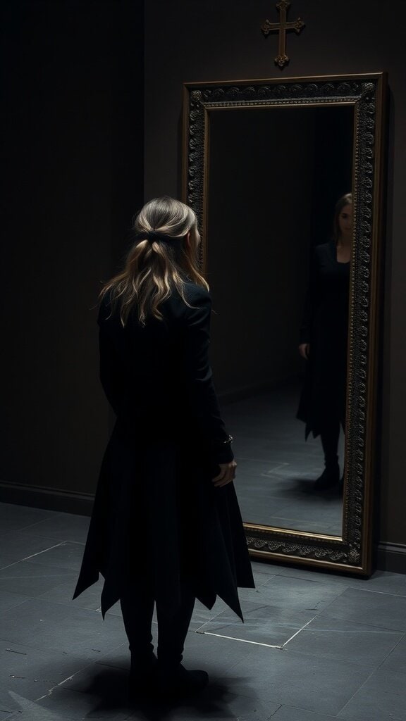 A woman in a long black coat standing in front of a mirror, reflecting a dark and heavy color scheme.