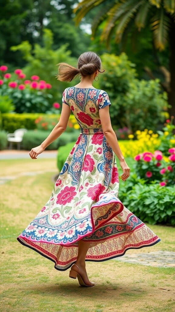 A woman in a floral A-line dress walking in a garden